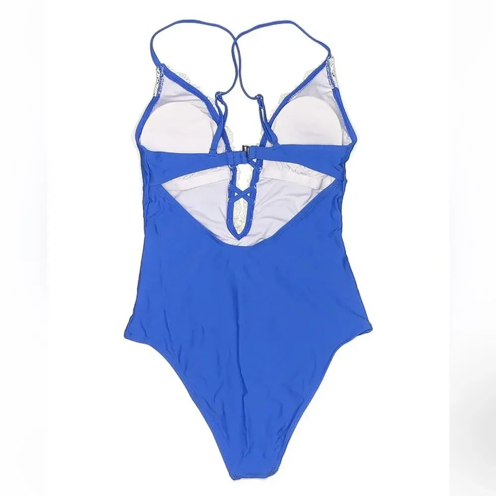 Cupshe lace plunge blue and cream one piece swimsuit,‎ size small